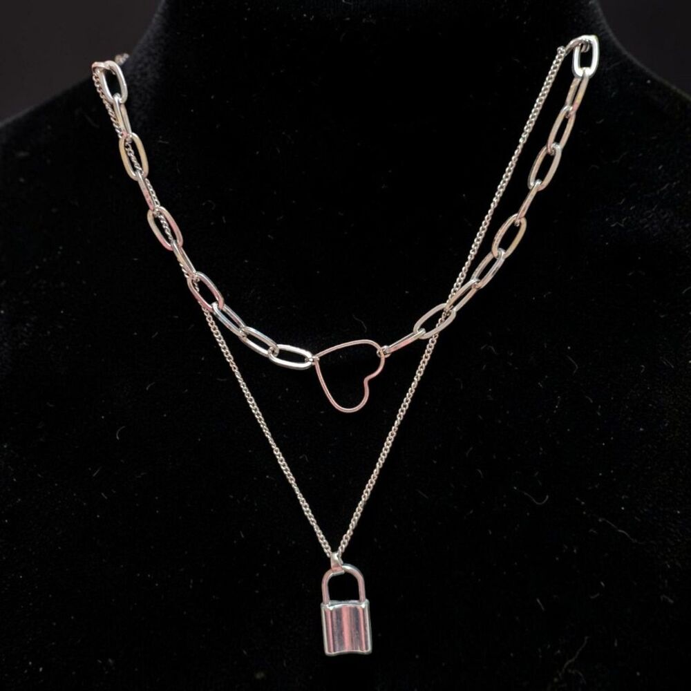 Silver Layered Heart Lock Necklace Paperclip Chain Padlock Pendant Y2K Style
